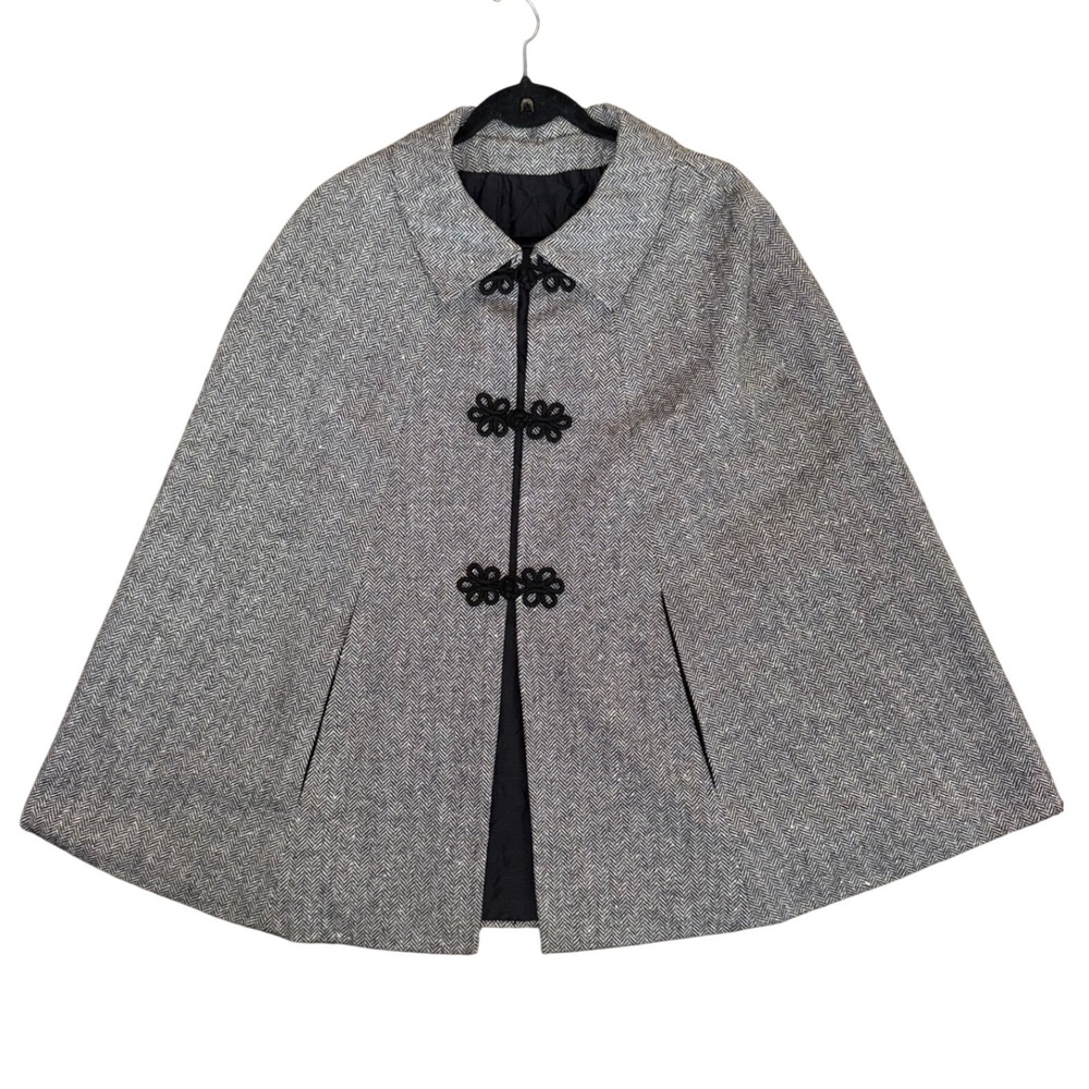 Vintage Herringbone Tweed Cape Coat with Black Trim and wool Women's Outerwear